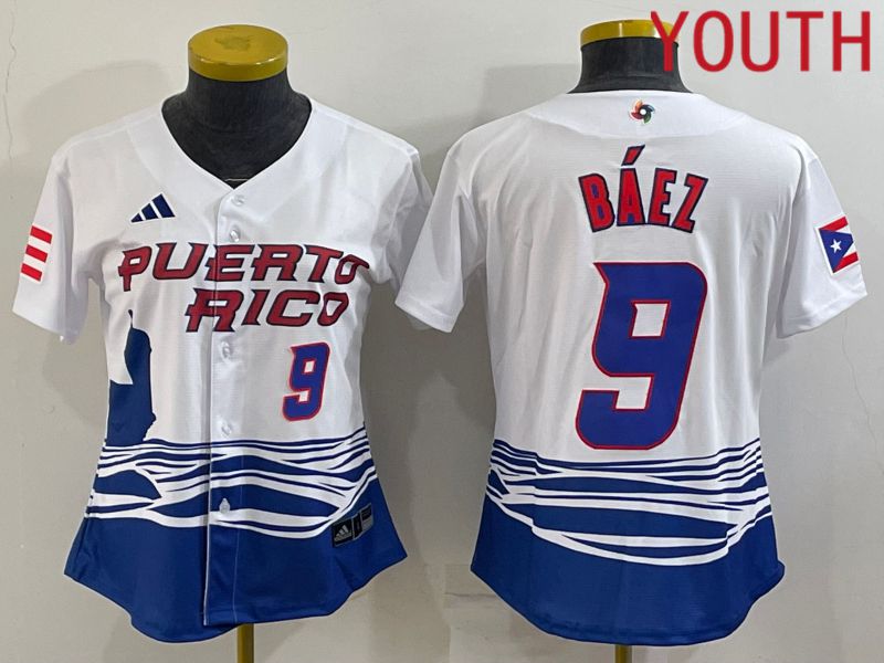 Youth 2023 World Cub Puerto Rico #9 Baez White MLB Jersey5->youth mlb jersey->Youth Jersey